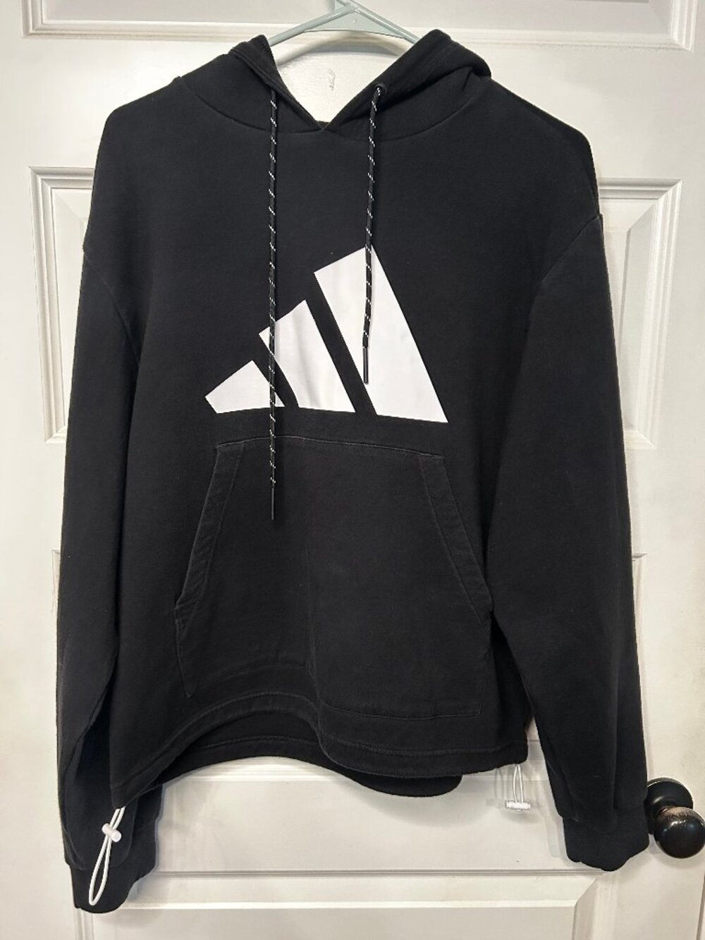adidas Black Hoodie White Tri-Stripe Logo - Thick - Drawstring Hemline - X